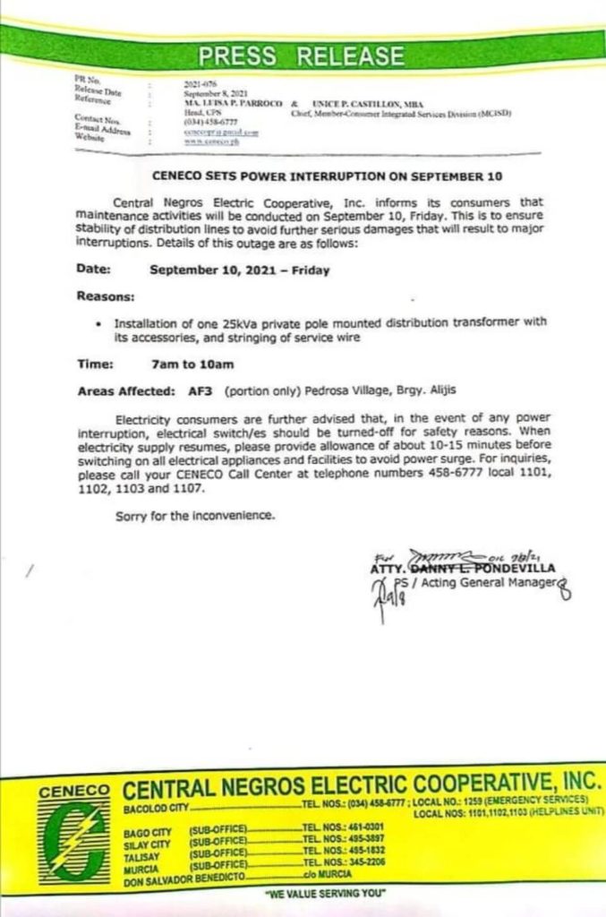 CENECO SETS POWER INTERRUPTION ON SEPTEMBER 10