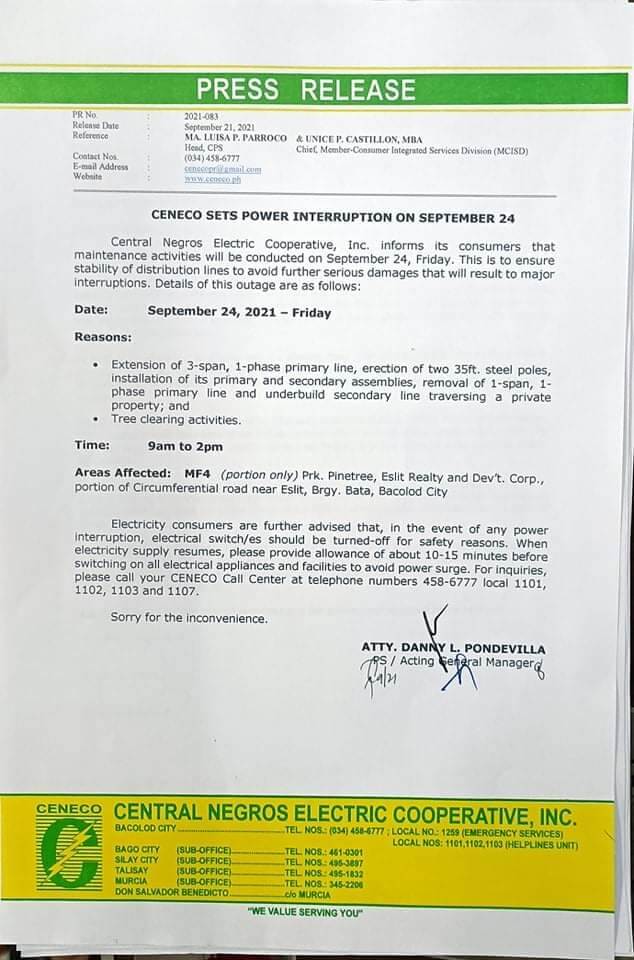 CENECO SETS POWER INTERRUPTION ON SEPTEMBER 24