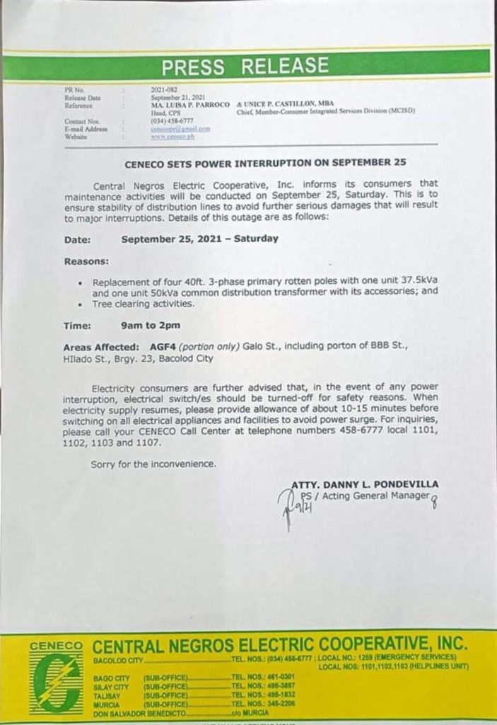 CENECO SETS POWER INTERRUPTION ON SEPTEMBER 25