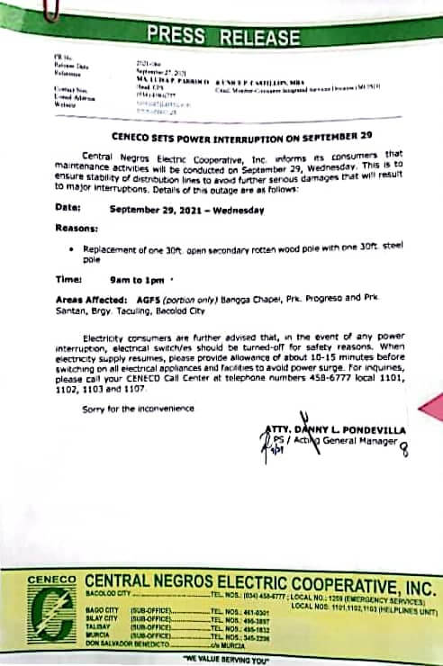 CENECO SETS POWER INTERRUPTION ON SEPTEMBER 29