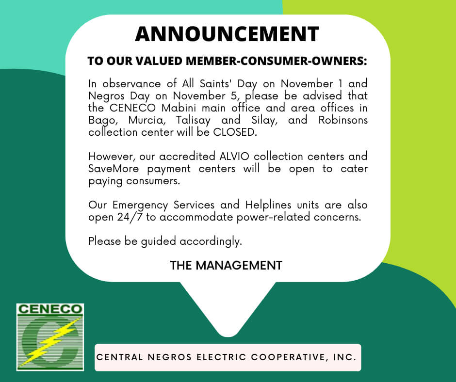 CENECO Announcement Re: All Saints' Day and Negros Day