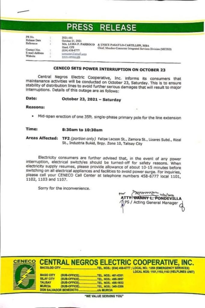 CENECO Power Advisory Scheduled Power Interruption TF2 portion only - October 23, 2021