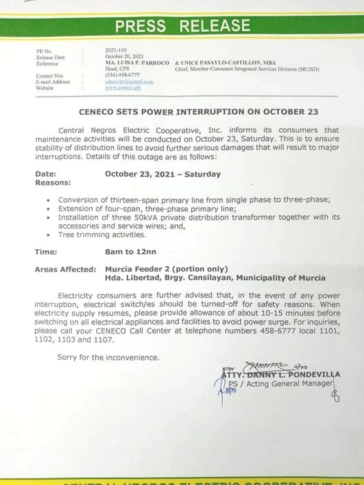 CENECO SET POWER INTERRUPTIONS ON OCTOBER 23