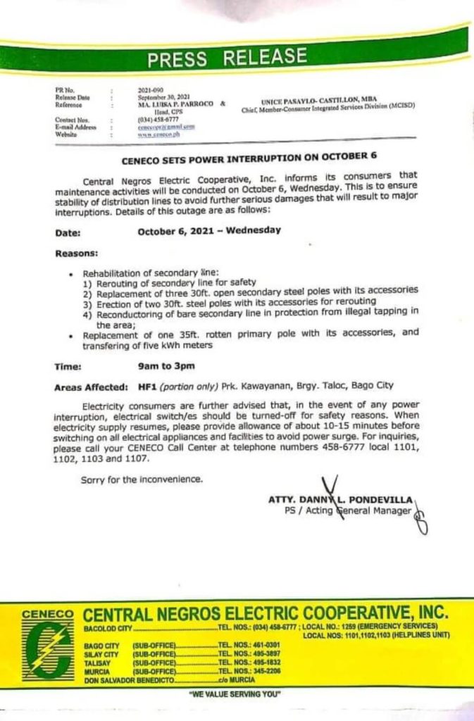 CENECO SETS POWER INTERRUPTION ON OCTOBER 6