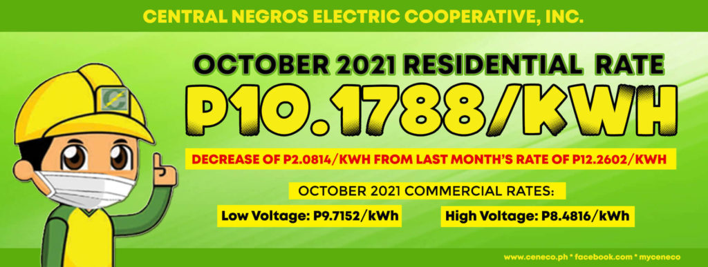 CENECO OCTOBER RESIDENTIAL RATES DOWN BY P2.0814/kWh