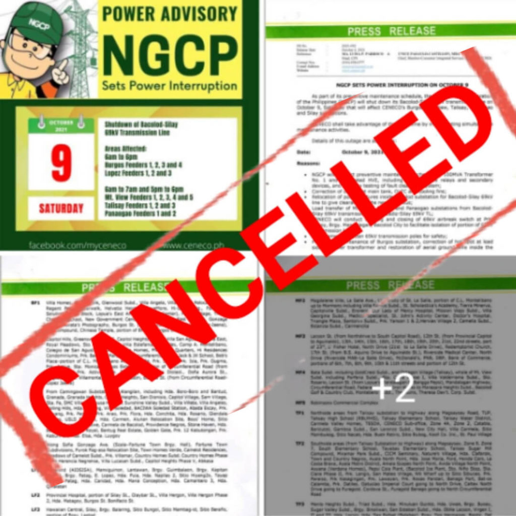 NGCP CANCELS OCTOBER 9 POWER INTERRUPTION