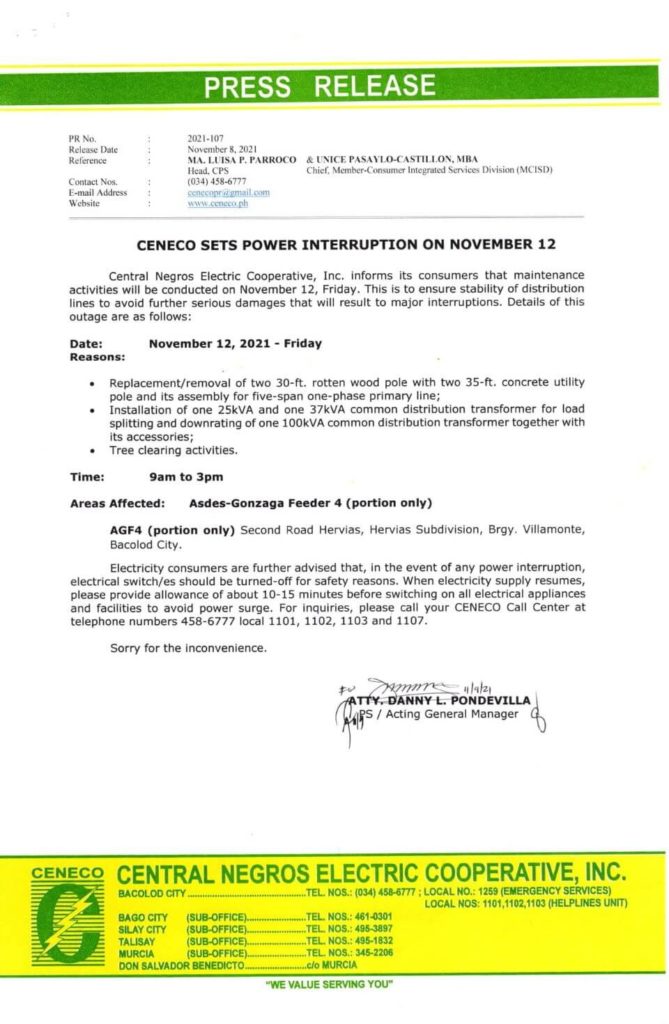 CENECO Power Advisory Scheduled Power Interruption - November 10, 2021