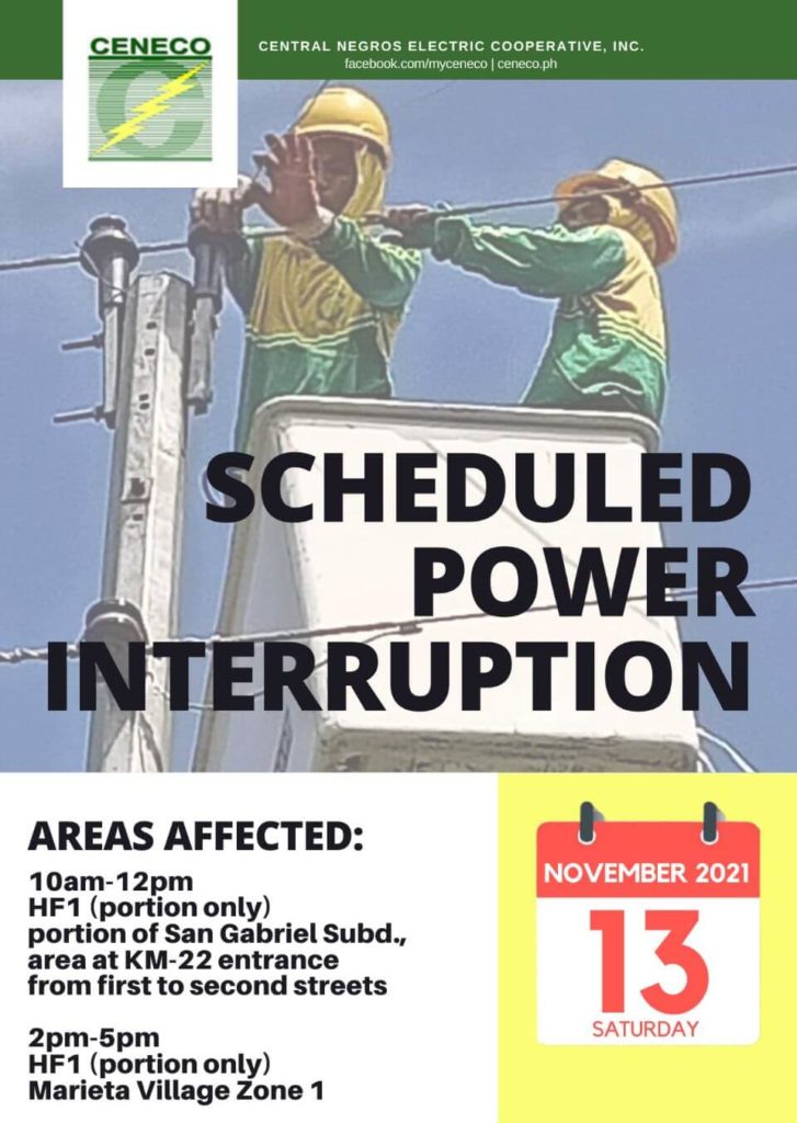 CENECO Power Advisory Scheduled Power Interruption - November 13, 2021