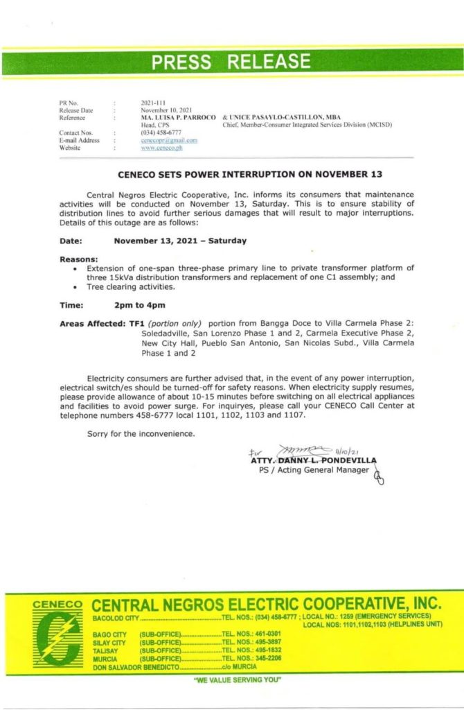 CENECO Power Advisory Scheduled Power Interruption - November 13, 2021