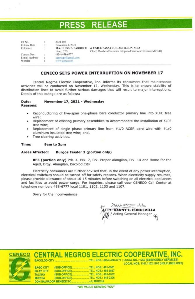 CENECO Power Advisory Scheduled Power Interruption - November 17, 2021