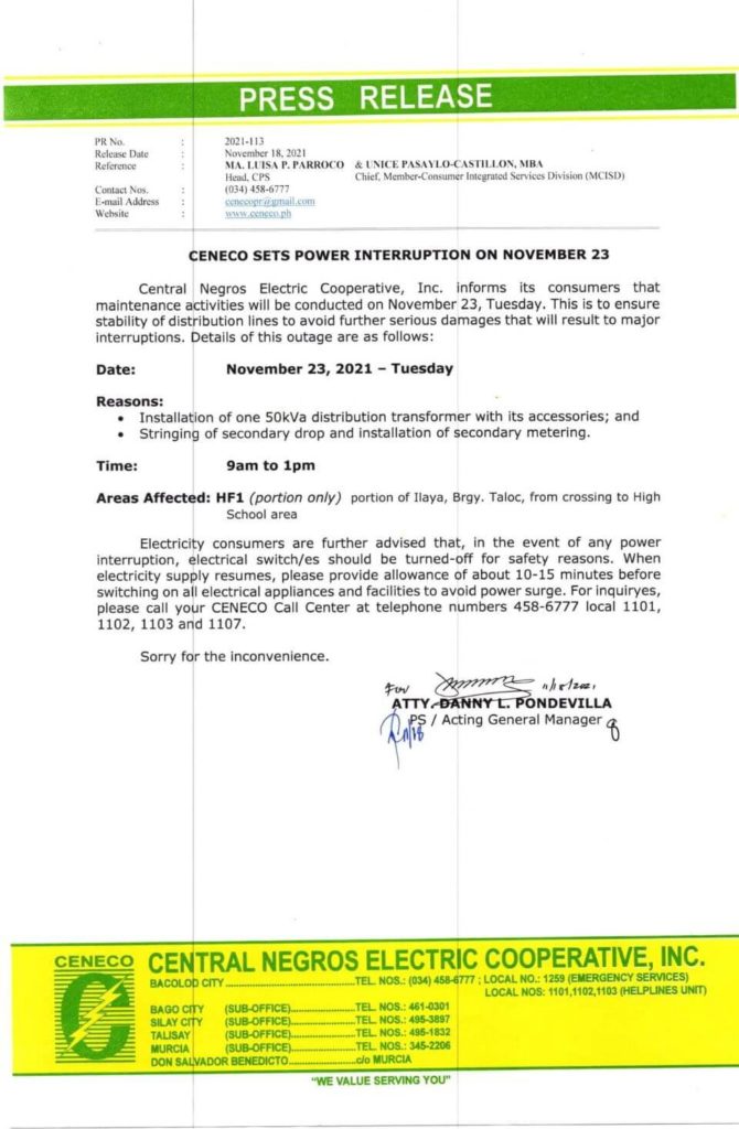 CENECO Power Advisory Scheduled Power Interruption - November 237, 2021