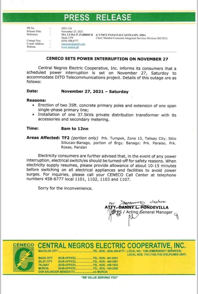 CENECO Power Advisory Scheduled Power Interruption - November 27, 2021 (TF2 Portion only)