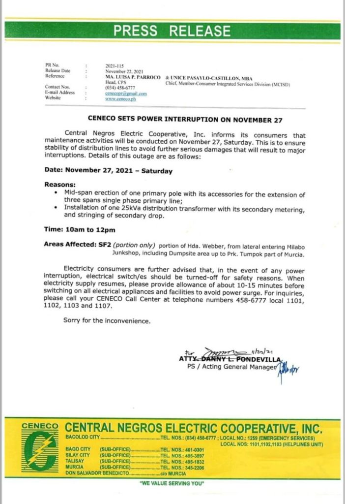 CENECO Power Advisory Scheduled Power Interruption - November 27, 2021