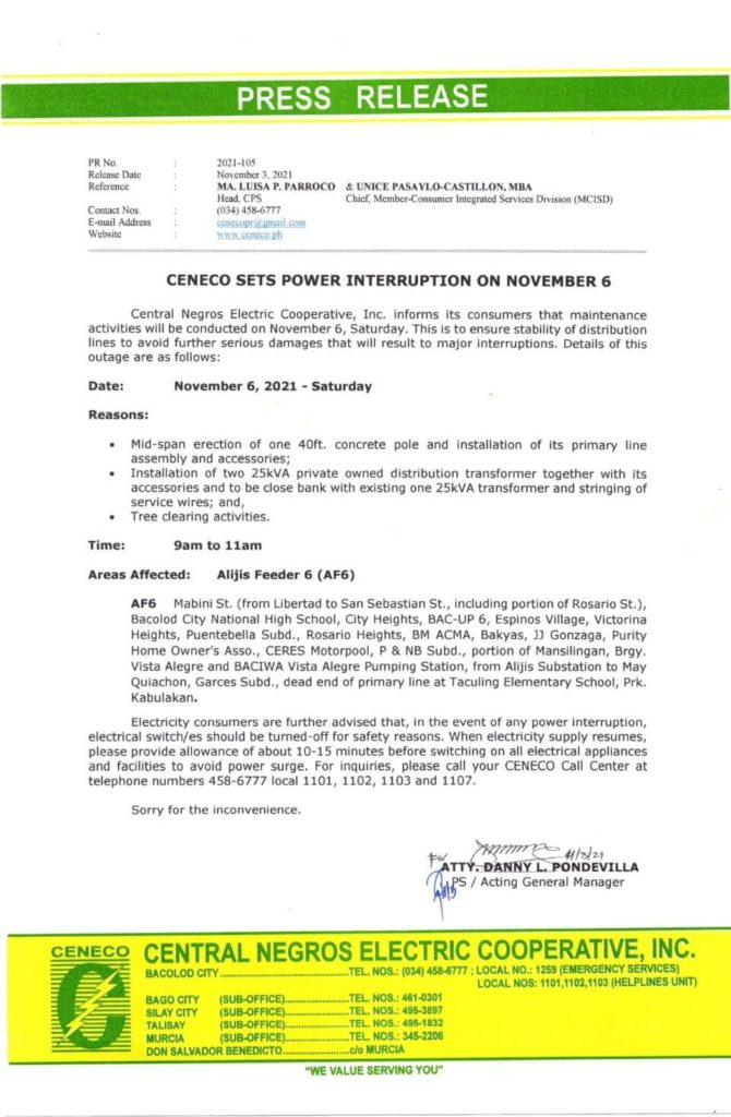 CENECO SETS POWER INTERRUPTION ON NOVEMBER 6