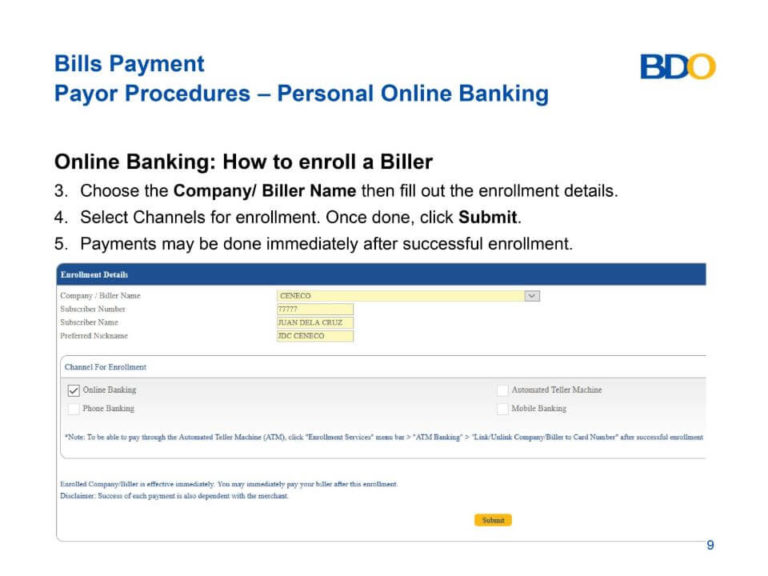PAYMENT OF CENECO BILLS VIA BDO