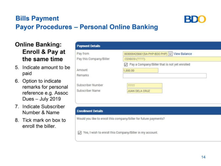 PAYMENT OF CENECO BILLS VIA BDO