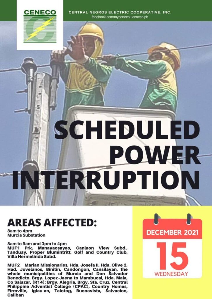 CENECO Power Advisory Scheduled Power Interruption - December 15, 2021 (MFU-AF3)