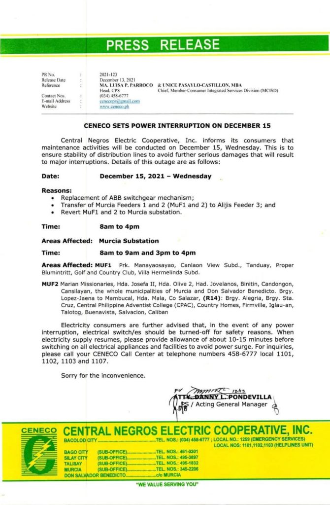 CENECO Power Advisory Scheduled Power Interruption - December 15, 2021 (MFU-AF3)