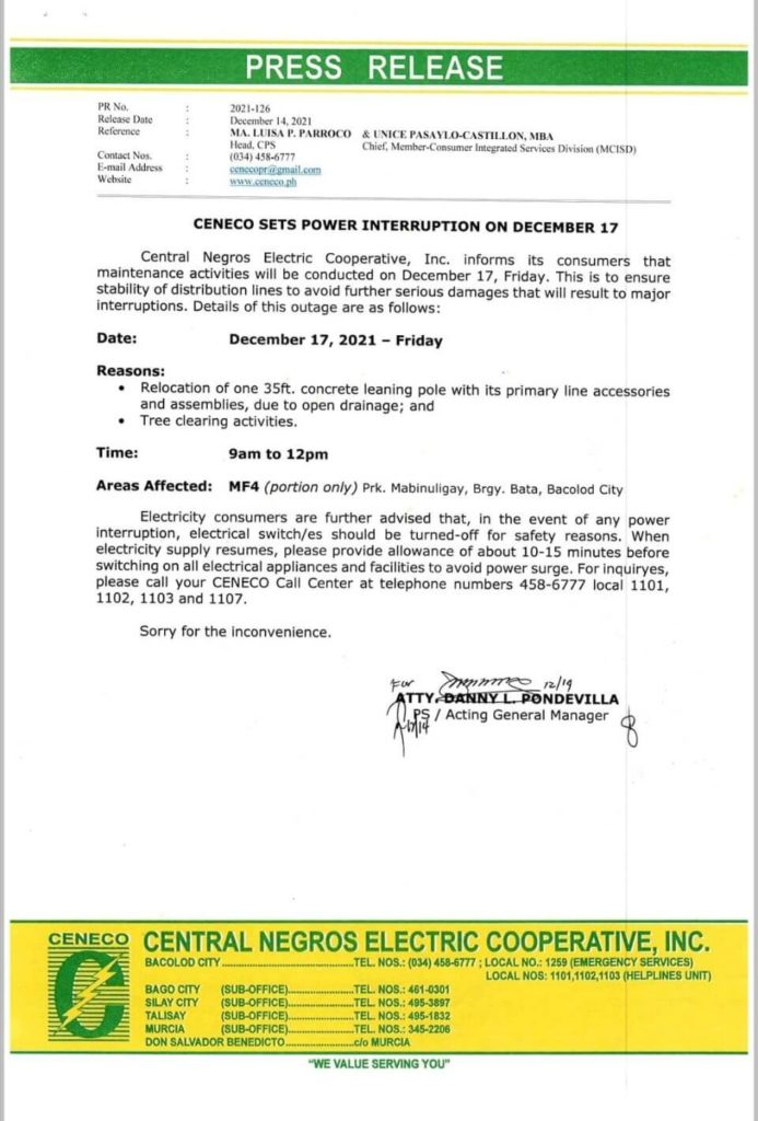 CENECO SETS POWER INTERRUPTION ON DECEMBER 17