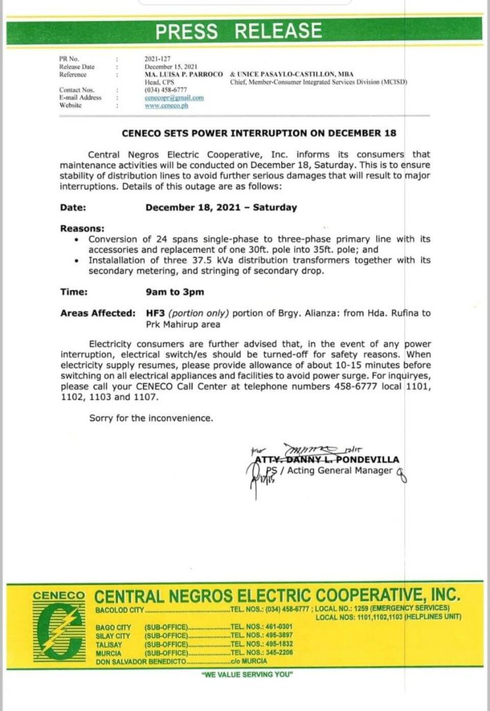 CENECO SETS POWER INTERRUPTION ON DECEMBER 17