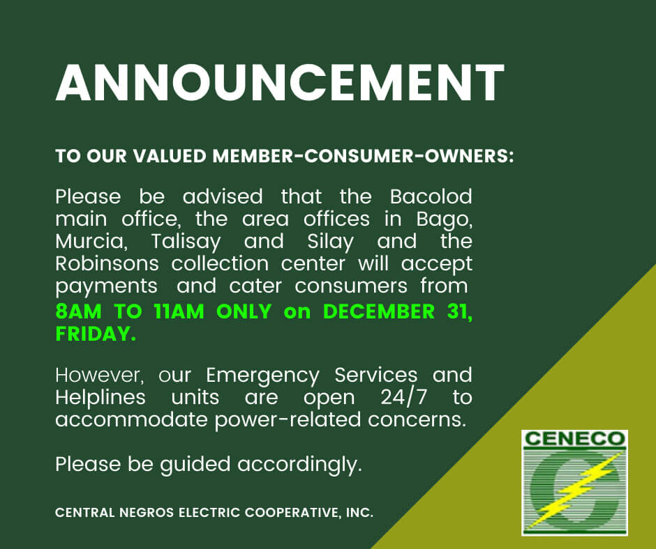 CENECO Announcement: OPEN for payment on December 31, 8AM-11AM