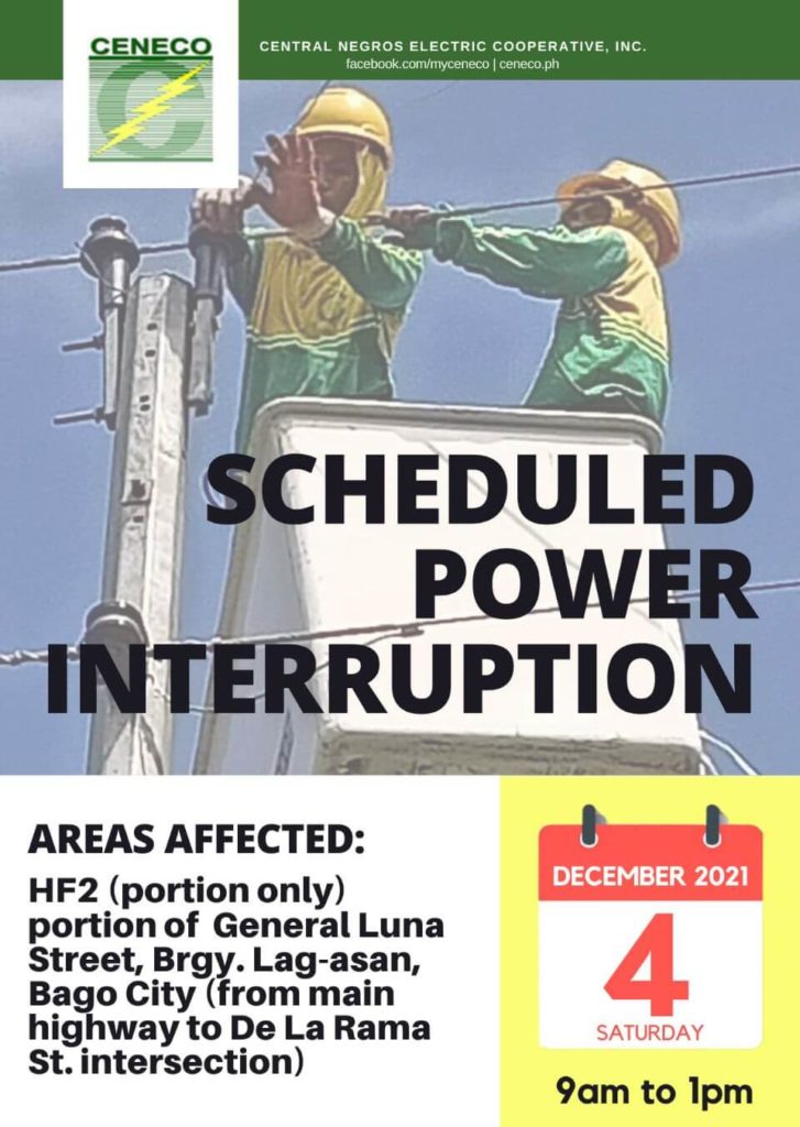 CENECO Power Advisory Scheduled Power Interruption - December 4, 2021