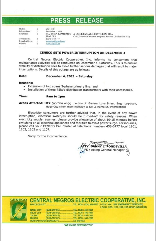 CENECO Power Advisory Scheduled Power Interruption - December 4, 2021