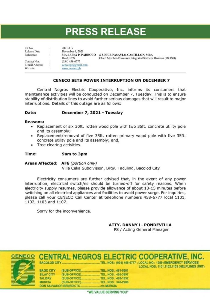 CENECO Power Advisory Scheduled Power Interruption - December 7, 2021