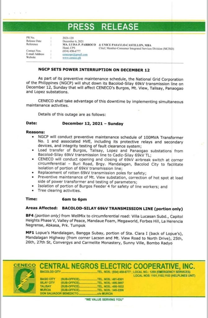 NGCP SETS POWER INTERRUPTION ON DECEMBER 12