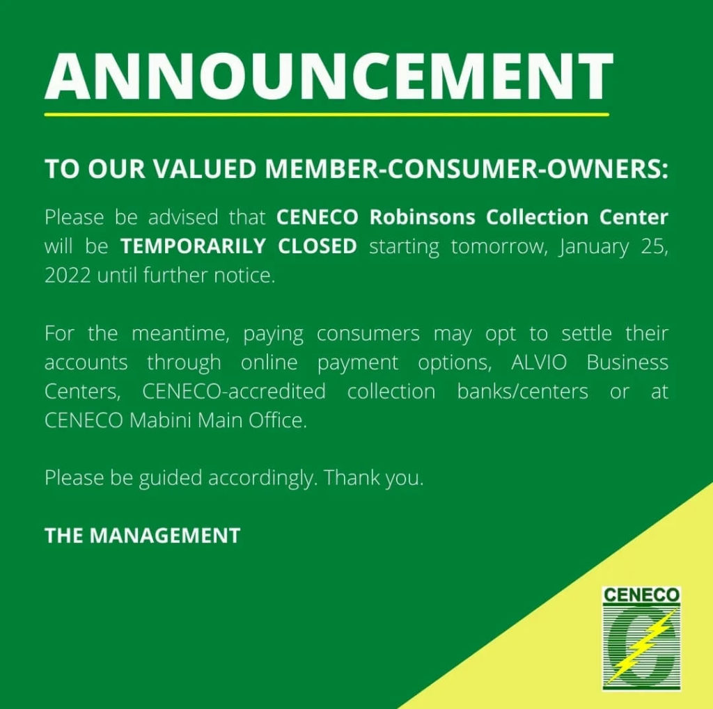 CENECO Announcement to Public: CENECO Robinsons Collection Center will be TEMPORARILY CLOSED until further notice