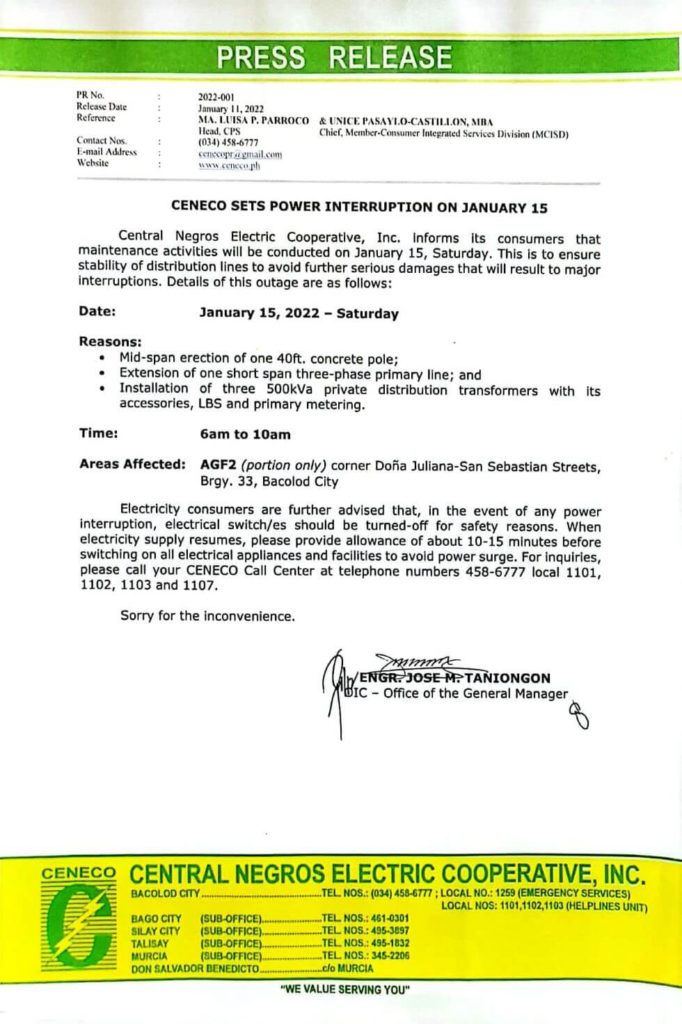 CENECO SETS POWER INTERRUPTION ON JANUARY 15, 2022