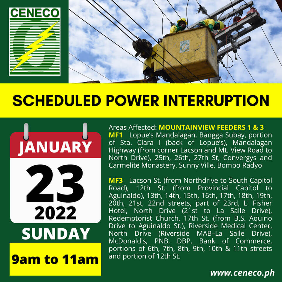 CENECO SETS POWER INTERRUPTION ON JANUARY 22 & 23