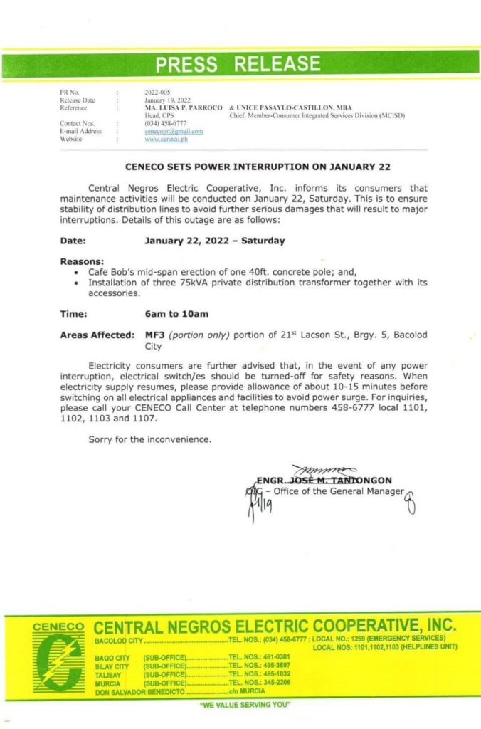 CENECO JANUARY RESIDENTIAL RATES DOWN BY P1.1771/kWh