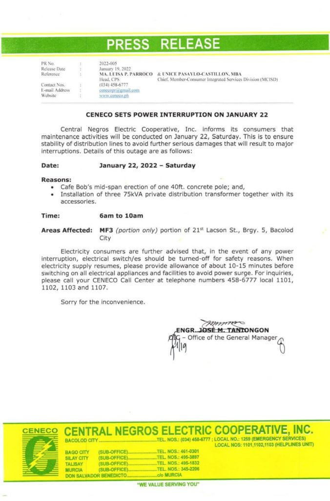 CENECO SETS POWER INTERRUPTION ON JANUARY 22, 2022