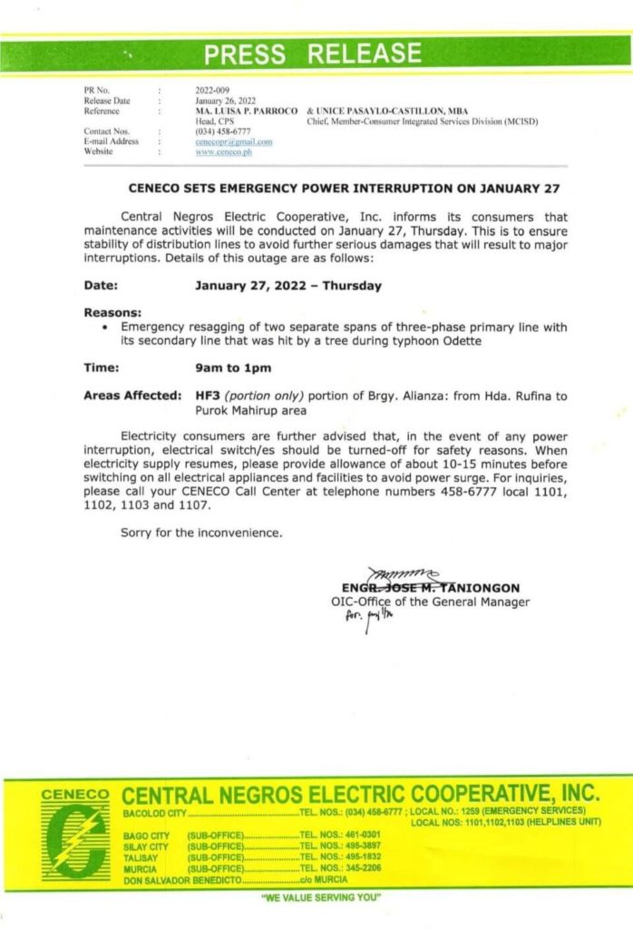 CENECO SETS EMERGENCY POWER INTERRUPTION ON JANUARY 27