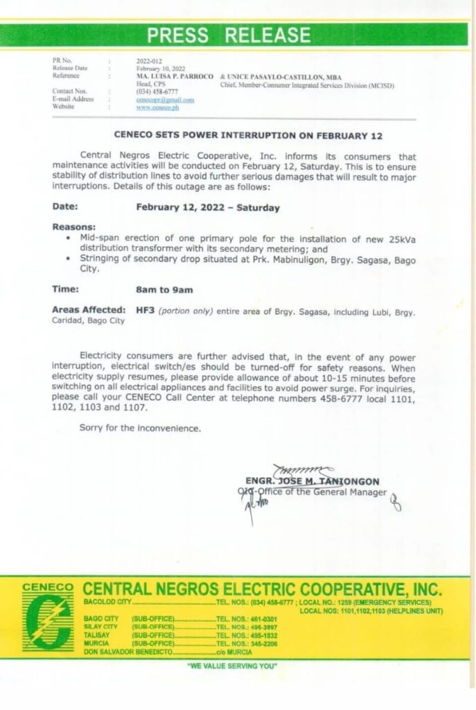 CENECO SETS POWER INTERRUPTION ON FEBRUARY 12