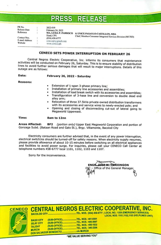 CENECO SETS POWER INTERRUPTION ON FEBRUARY 26