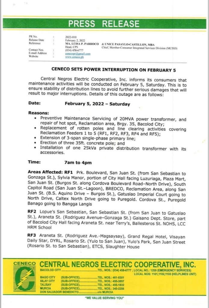 CENECO SETS POWER INTERRUPTION ON FEBRUARY 5