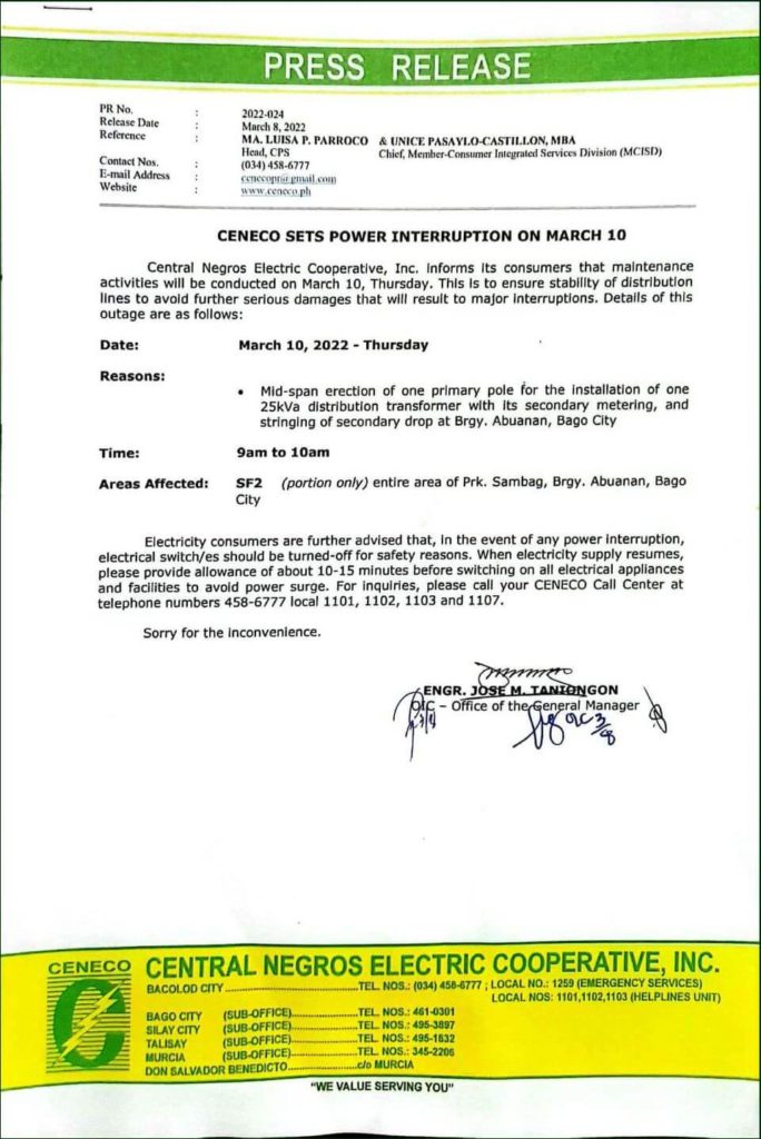 CENECO SETS POWER INTERRUPTION ON MARCH 10