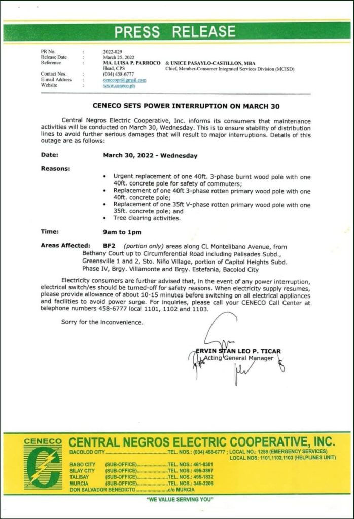 CENECO SETS POWER INTERRUPTION ON MARCH 30