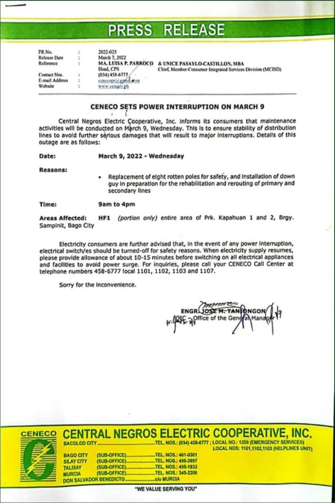 CENECO SETS POWER INTERRUPTION ON MARCH 9