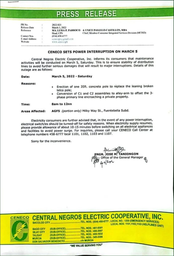 CENECO SETS POWER INTERRUPTION ON MARCH 5