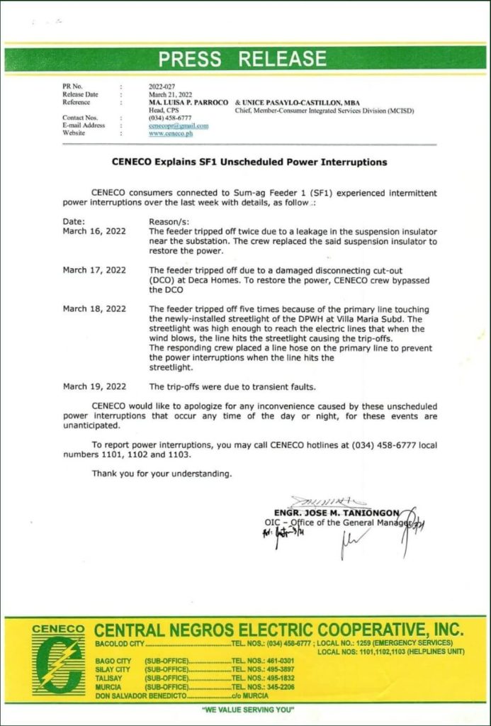 CENECO Advisory: Unscheduled Power Interruption - March 23, 2022