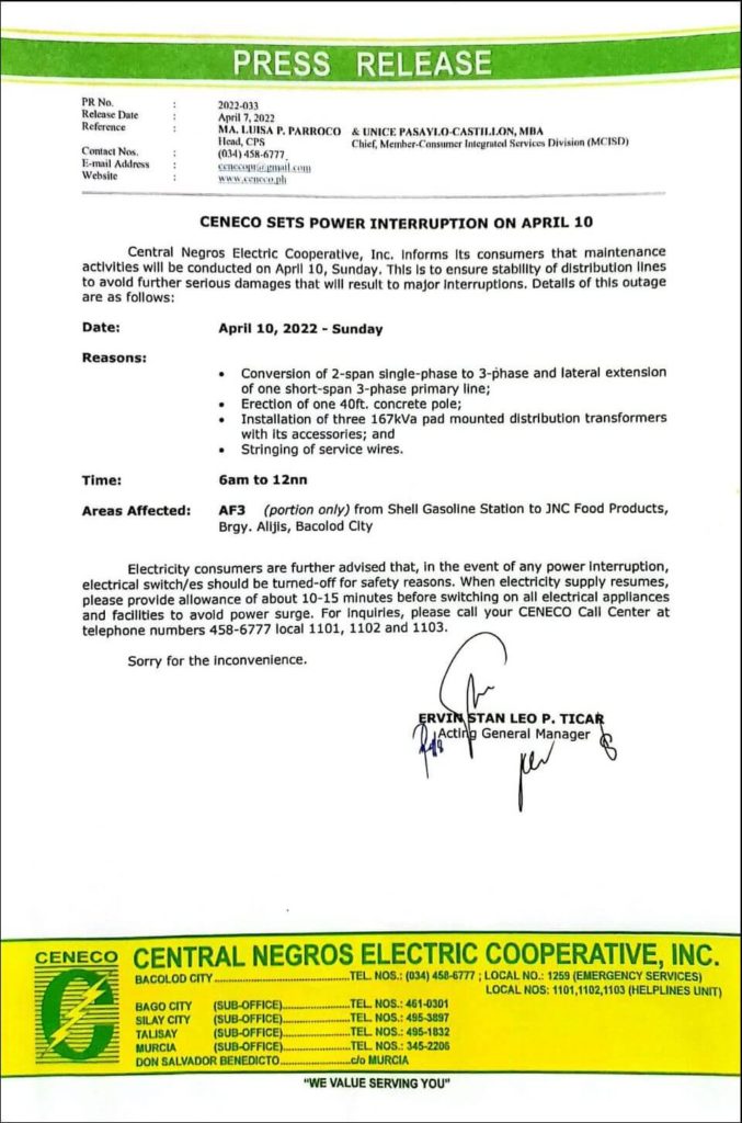 CENECO SETS POWER INTERRUPTION ON APRIL 10