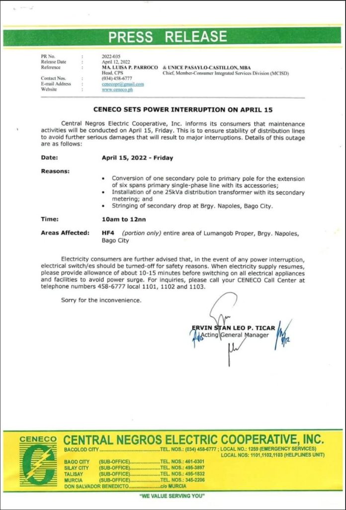 CENECO SETS POWER INTERRUPTION ON APRIL 15