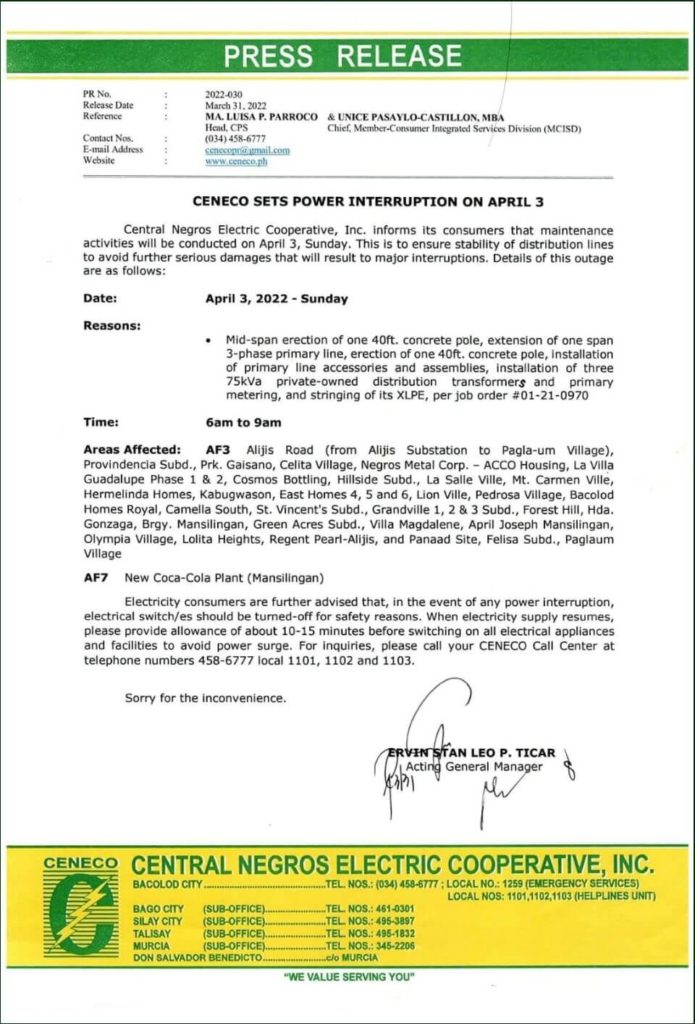 CENECO SETS POWER INTERRUPTION ON APRIL 3