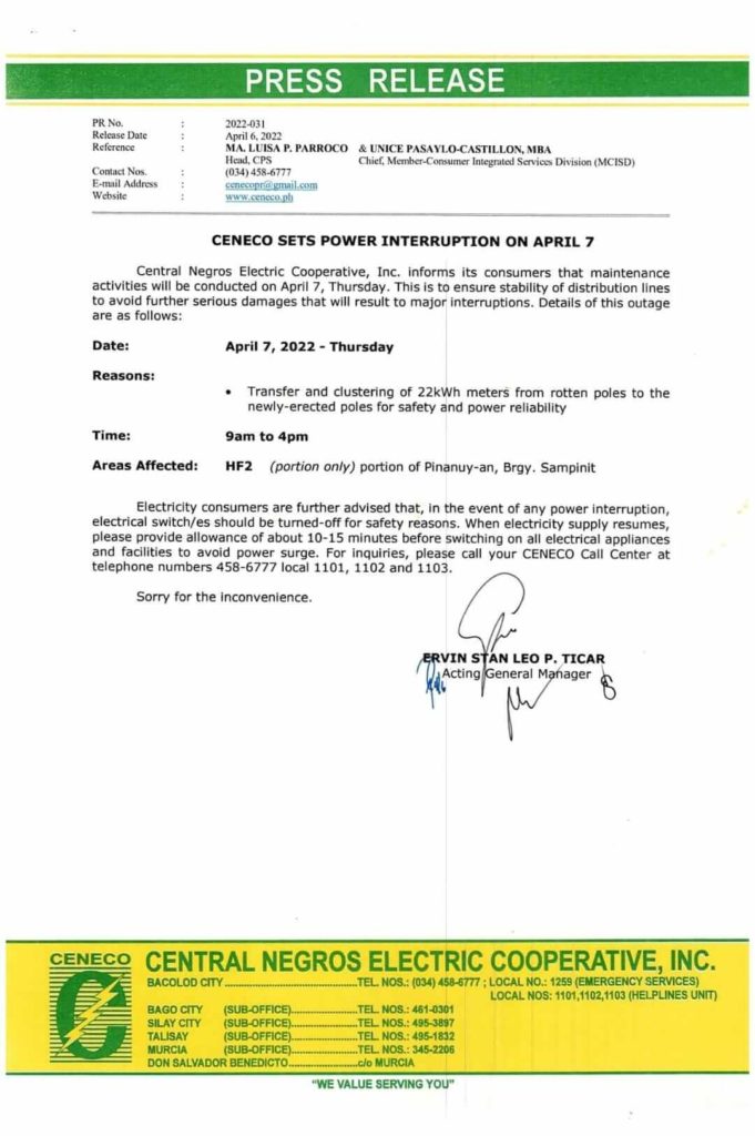 CENECO SETS POWER INTERRUPTION ON APRIL 7