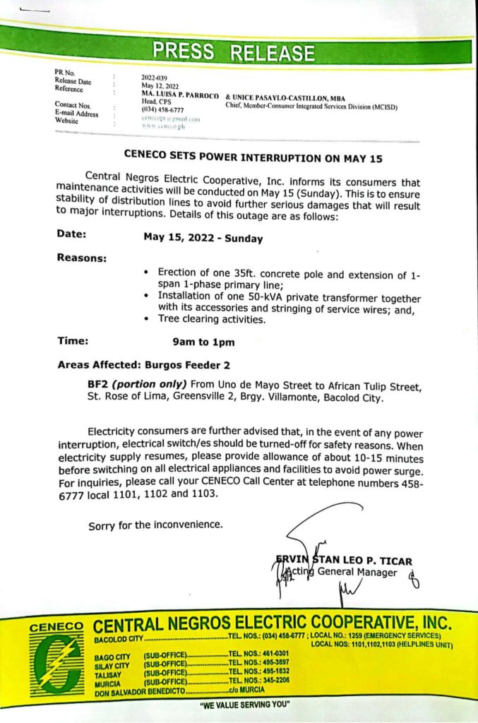 CENECO SETS POWER INTERRUPTION ON MAY 15