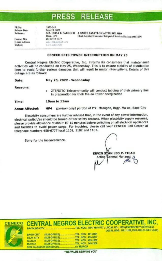 CENECO SETS POWER INTERRUPTION ON MAY 25