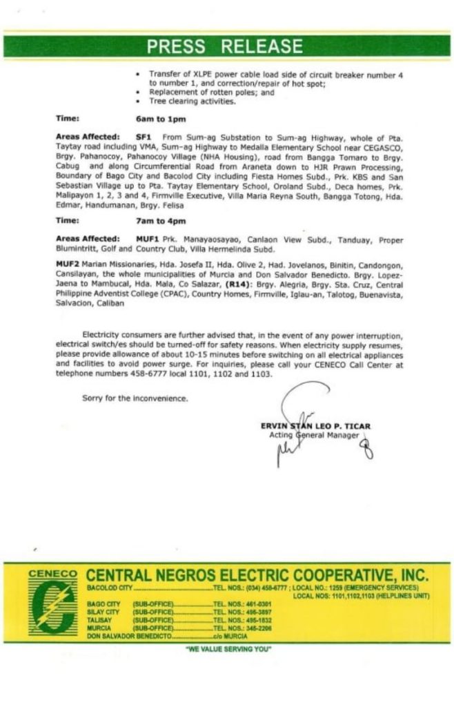 CENECO SETS POWER INTERRUPTIONS ON MAY 28 AND 29